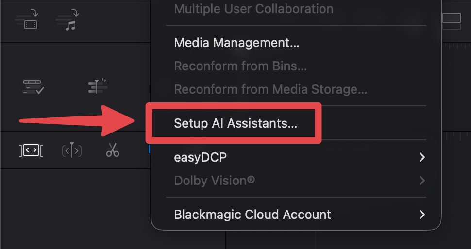 DaVinci Resolve File menu with Setup AI Assistants highlighted