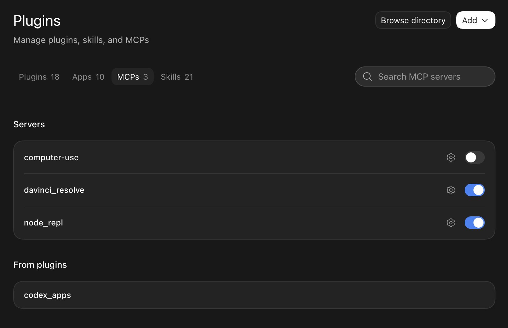 ChatGPT Plugins settings on the MCPs tab with davinci_resolve enabled