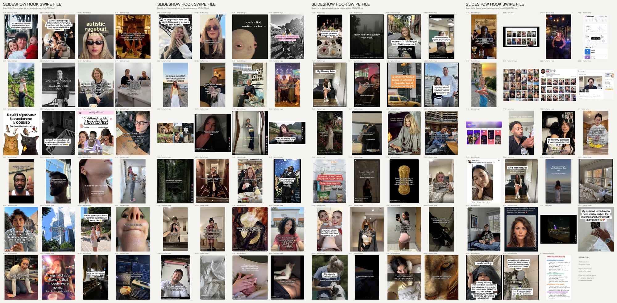 Slideshow hook swipe file: four boards of collected hook examples