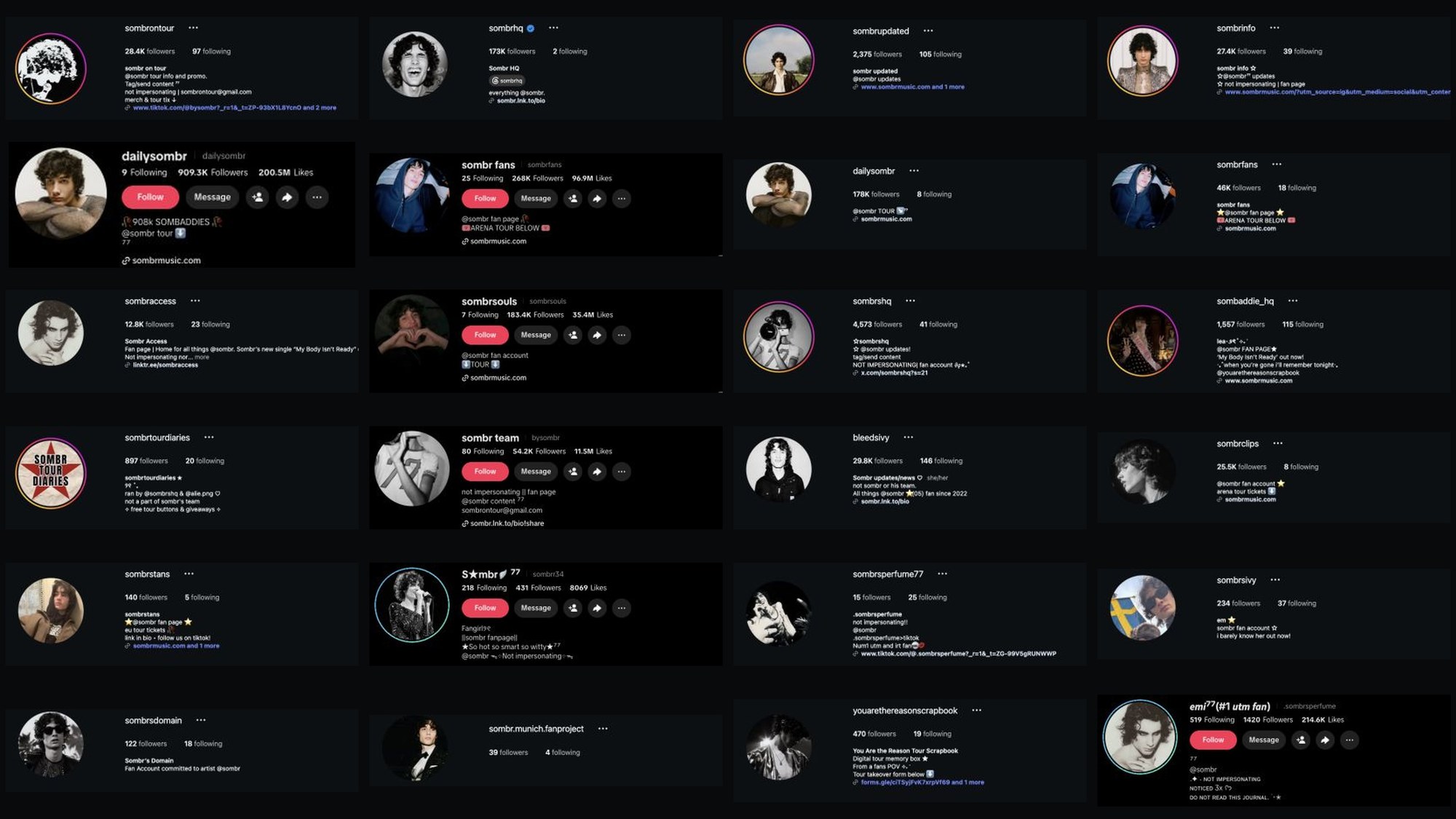 Grid of Sombr fan page profiles on TikTok and Instagram