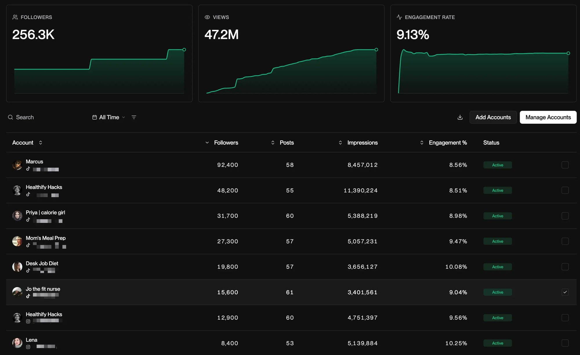doublespeed analytics dashboard with follower, view and engagement charts and an account table